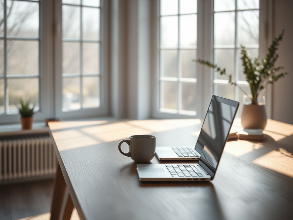 A minimalist Scandinavian workspace with natural light streaming through large windows, a sleek wooden desk with a single premium ceramic mug and a modern laptop, soft shadows, 8k photorealistic commercial photography, cinematic depth of field.