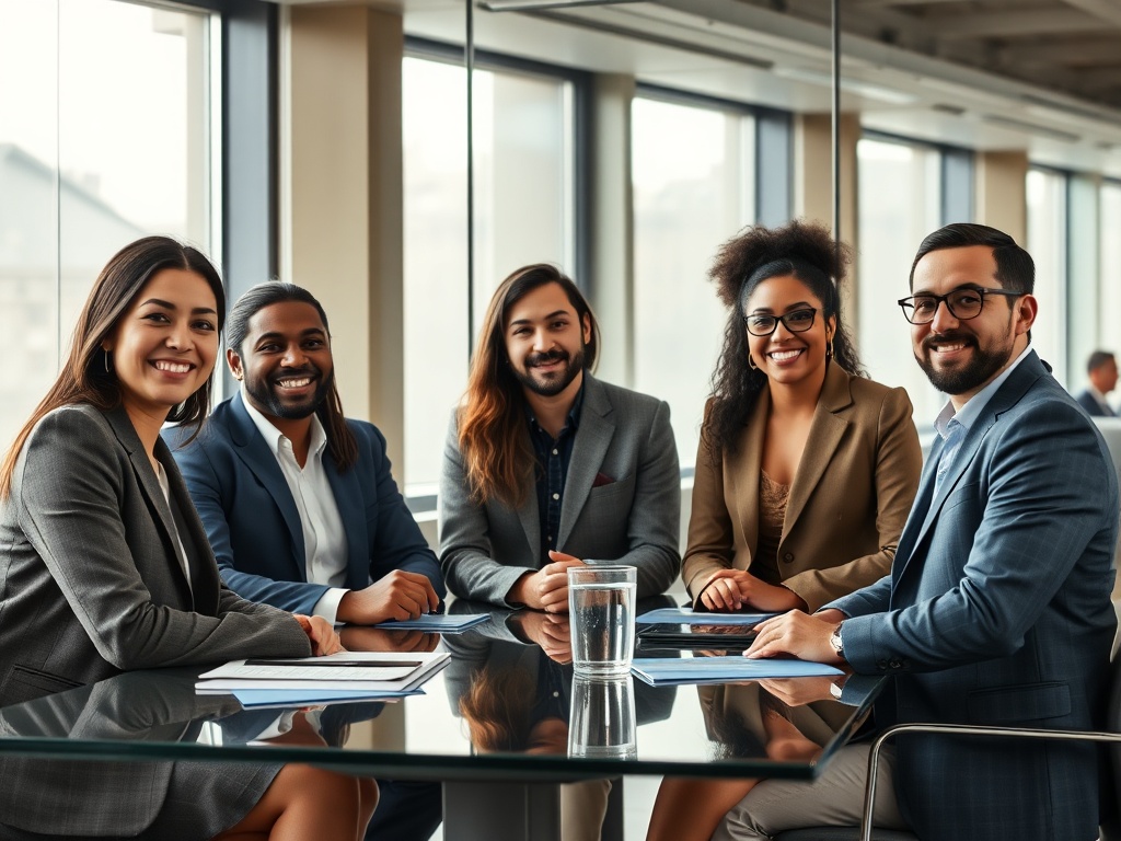 Diverse team of five in a modern glass boardroom, natural light, warm atmosphere, candid interaction, tasteful business attire, 8k photorealistic commercial photography, cinematic lighting.