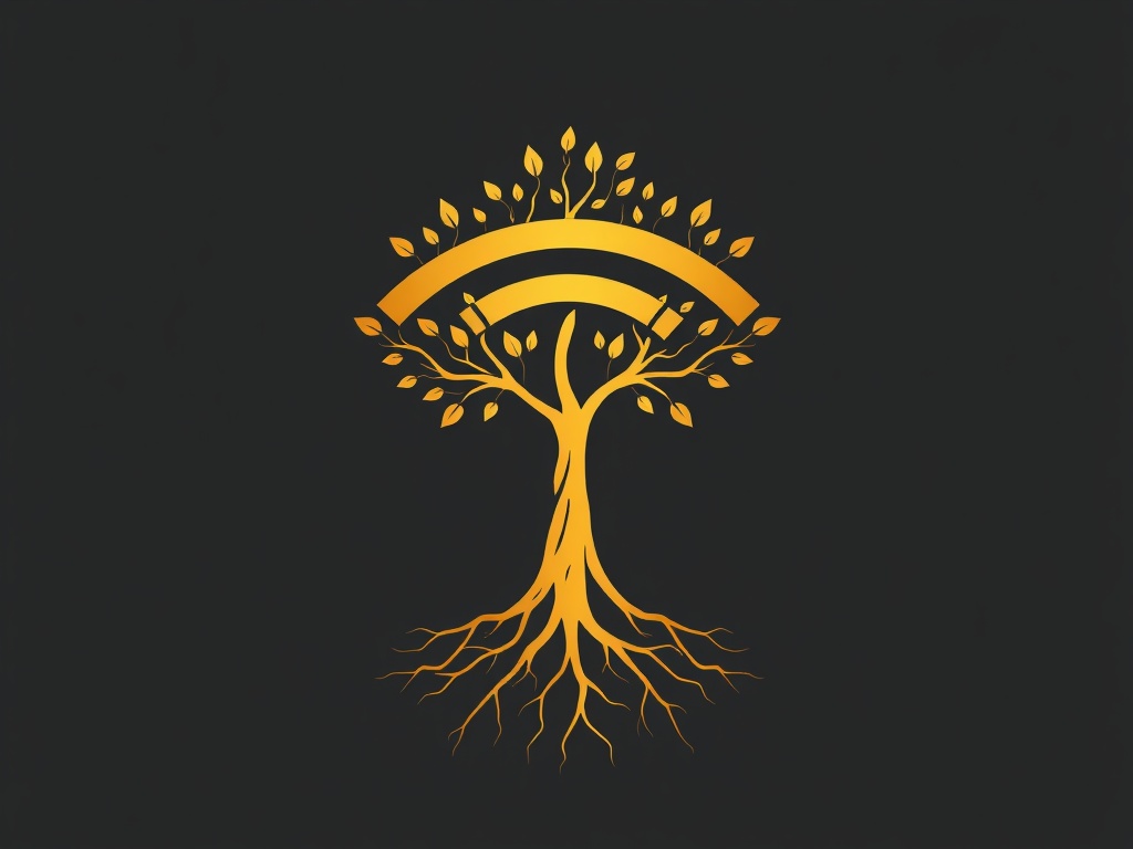 A stylized tree with roots forming a Wi-Fi signal, clean vector style, gold on dark grey background, 8k render.